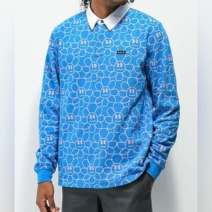 Men’s XXL A-Lab Garden Party Blue Long Sleeve Polo Shirt Flower Faces Blue EUC